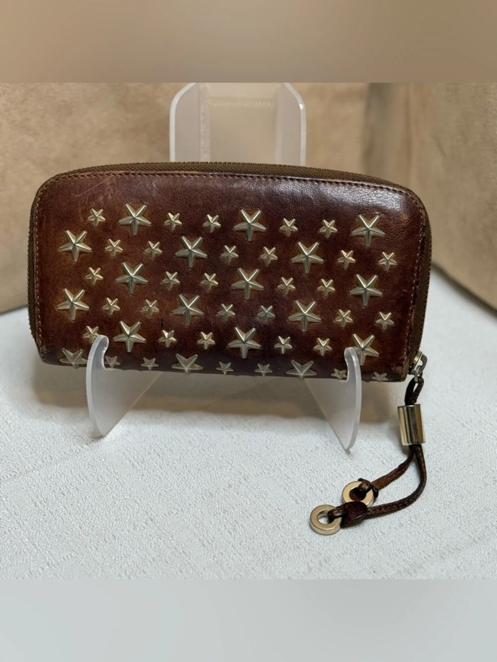 Jimmy Choo Brown Leather Star Stud Zip Around Wallet Italy